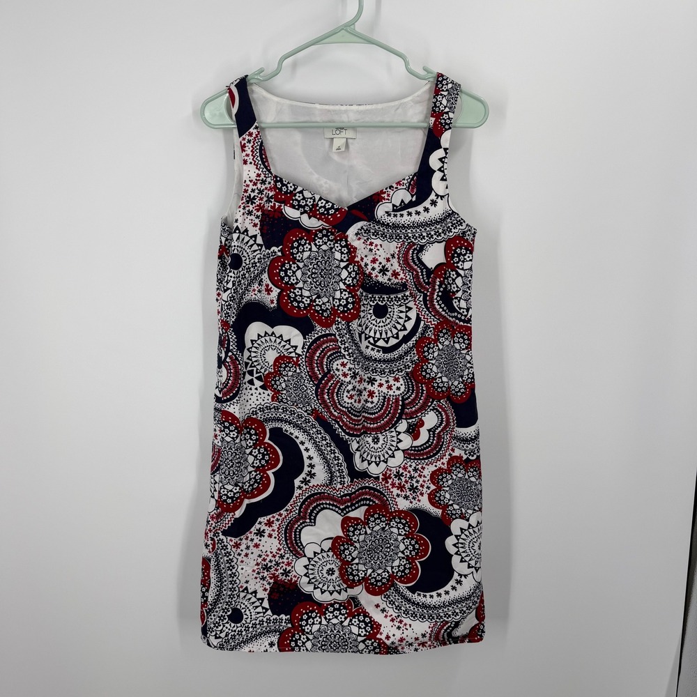 Loft Shift Dress Womens 4 Red Blue Paisley Floral Sleeveless Cotton Lined